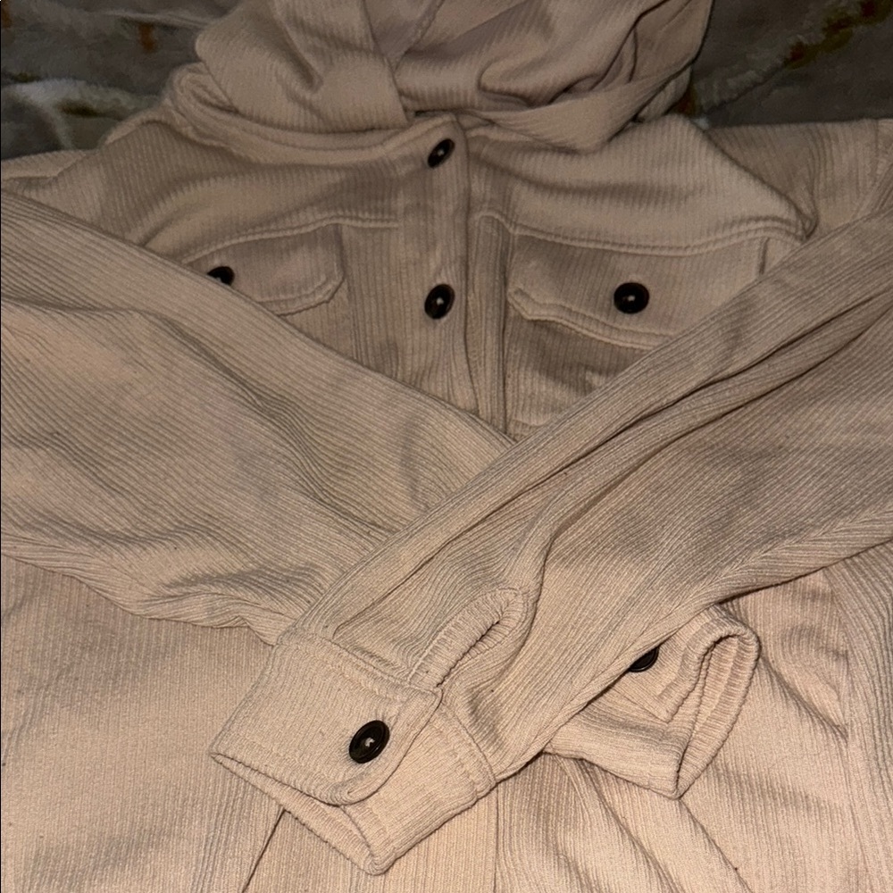 Beige Hooded Jacket with Button Details